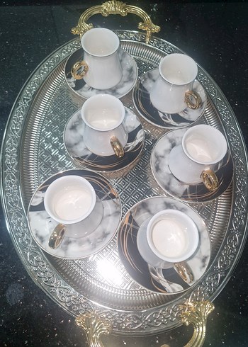 Gri Beyaz Mermer Desenli 6'lı Kahve Fincanı Seti - Görsel 2