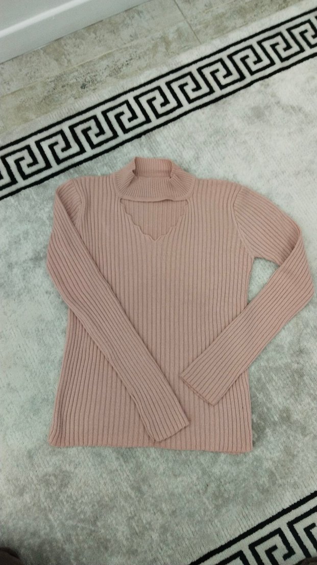 Pembe V Yaka Triko Kadın Kazak - Görsel 3