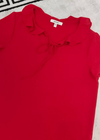 Kırmızı Fırfırlı Kısa Kollu Bluz - Görsel 3