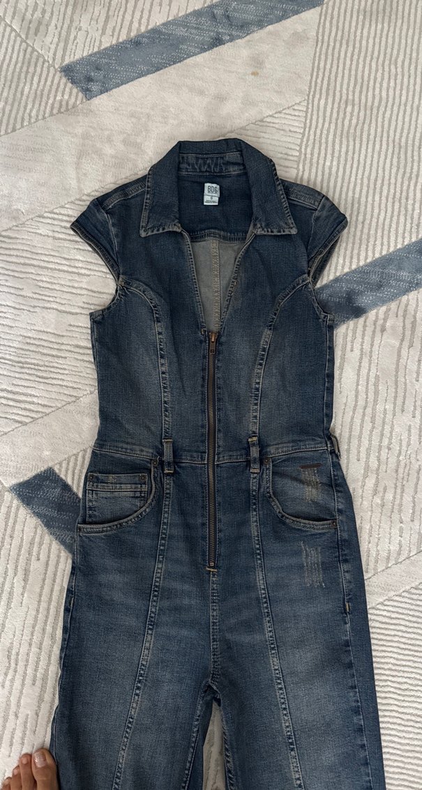 Kadın Lacivert Denim Tulum, Kemer Detaylı - Görsel 2