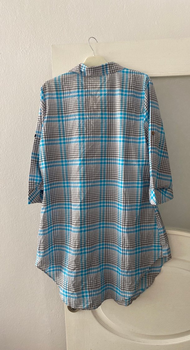 Düğmeli, Uzun Kollu Gri Ekose Kadın Gömlek - Görsel 2