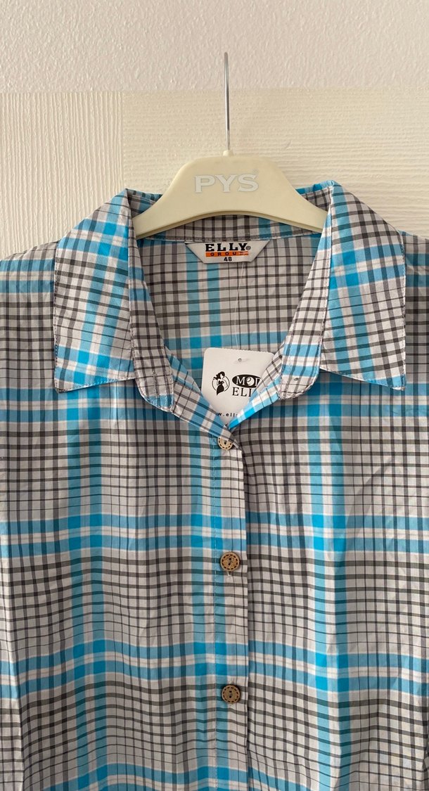 Düğmeli, Uzun Kollu Gri Ekose Kadın Gömlek - Görsel 3