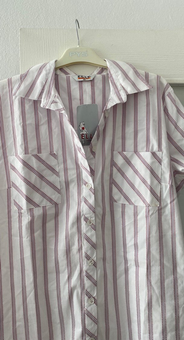 Pembe Çizgili Düğmeli Midi Gömlek - Görsel 2