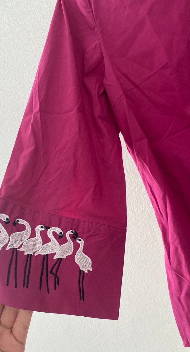 Uzun Kollu Pembe Nakışlı Kadın Gömlek - Görsel 3