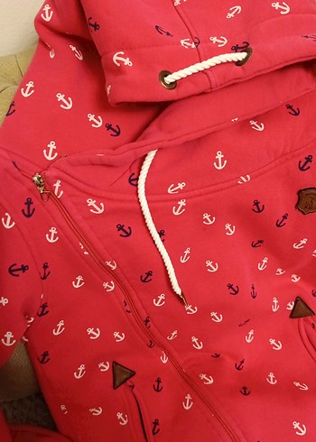 Renkli Desenli Kapüşonlu Fermuarlı Pembe Sweatshirt - Görsel 2