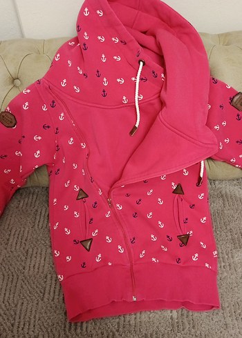 Renkli Desenli Kapüşonlu Fermuarlı Pembe Sweatshirt - Görsel 7