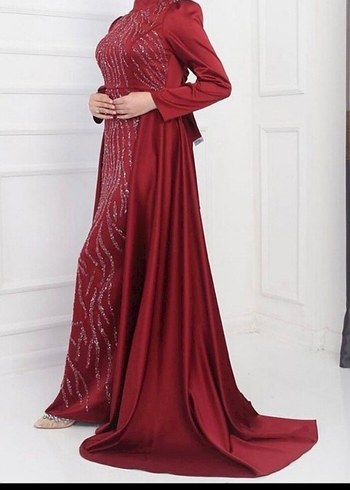 Bordo Uzun Kollu Drapeli Abiye Elbise - Görsel 2