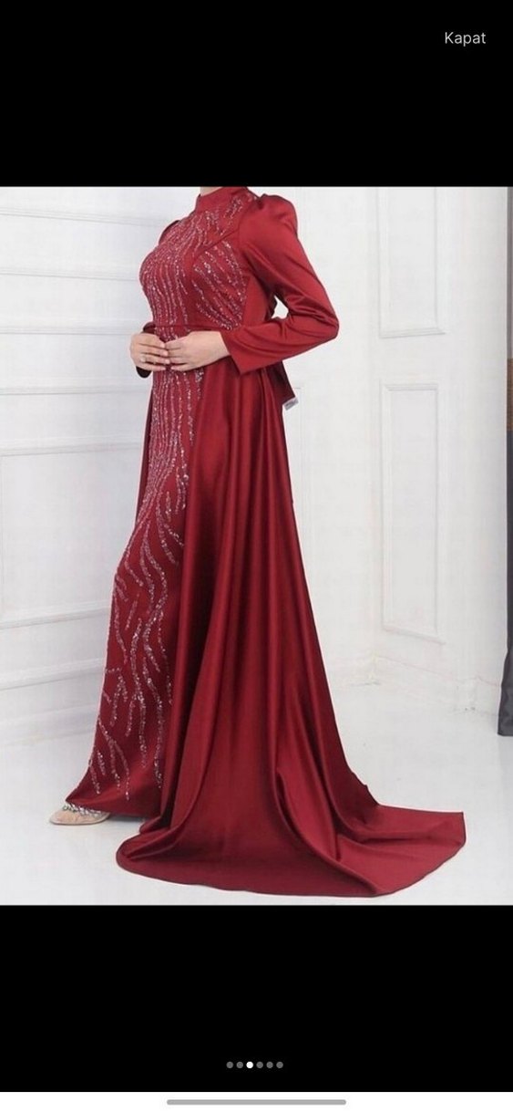 Bordo Uzun Kollu Drapeli Abiye Elbise - Görsel 2