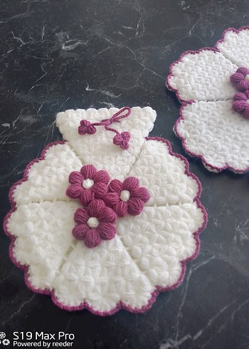 El Yapımı Beyaz ve Mor Çiçekli lif Set - Görsel 3