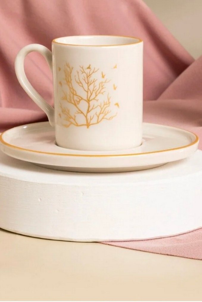 Altın Detaylı Beyaz Porselen Fincan ve Tabak - Görsel 2