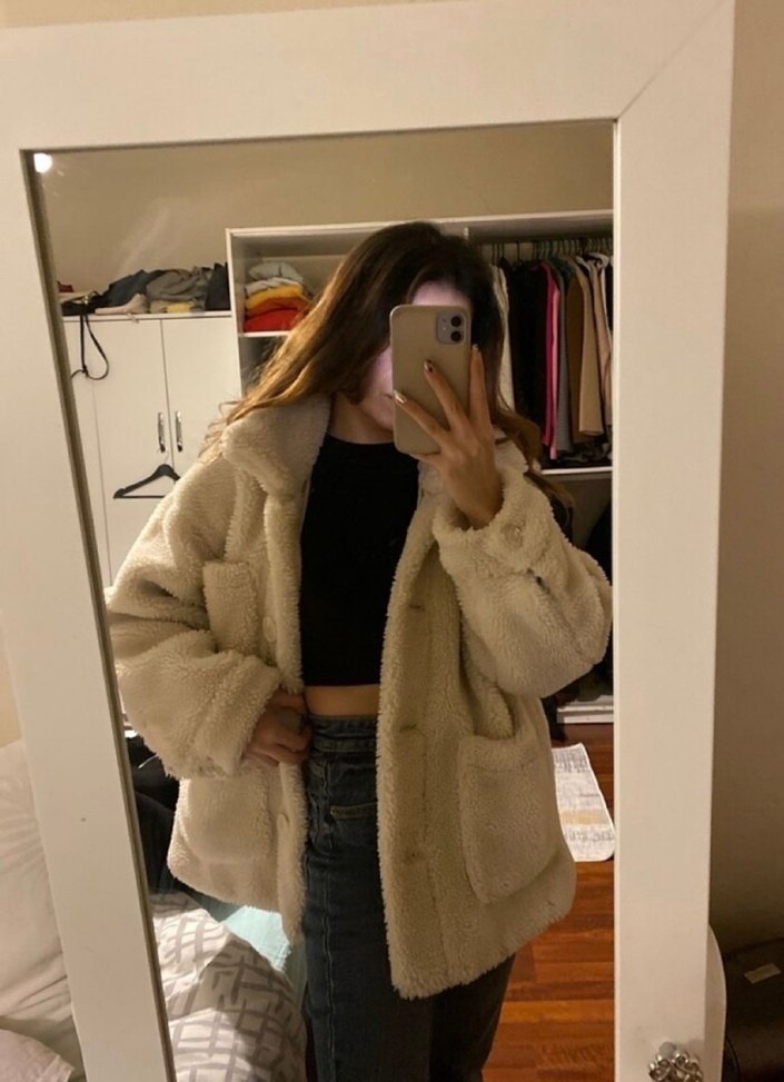 Bej Peluş Detaylı Rahat Kesim Kadın Ceket - Görsel 2