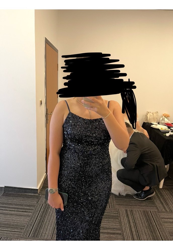 Koyu lacivert Parlak Uzun Elbise - Görsel 3