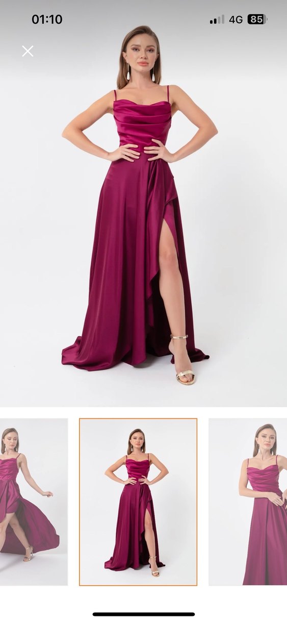 Mor Drapeli Uzun Straplez Abiye Elbise - Görsel 3