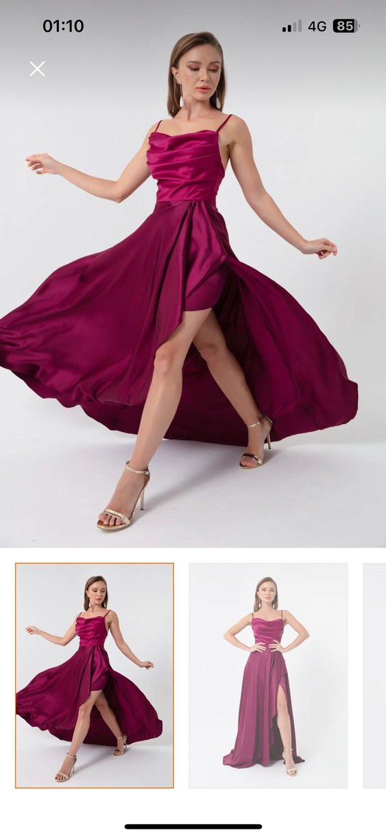 Mor Drapeli Uzun Straplez Abiye Elbise - Görsel 2