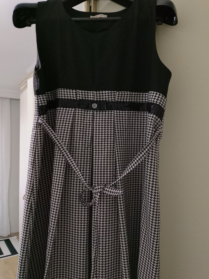 Kuşaklı Siyah-Gri Hamile Midi Elbise - Görsel 2