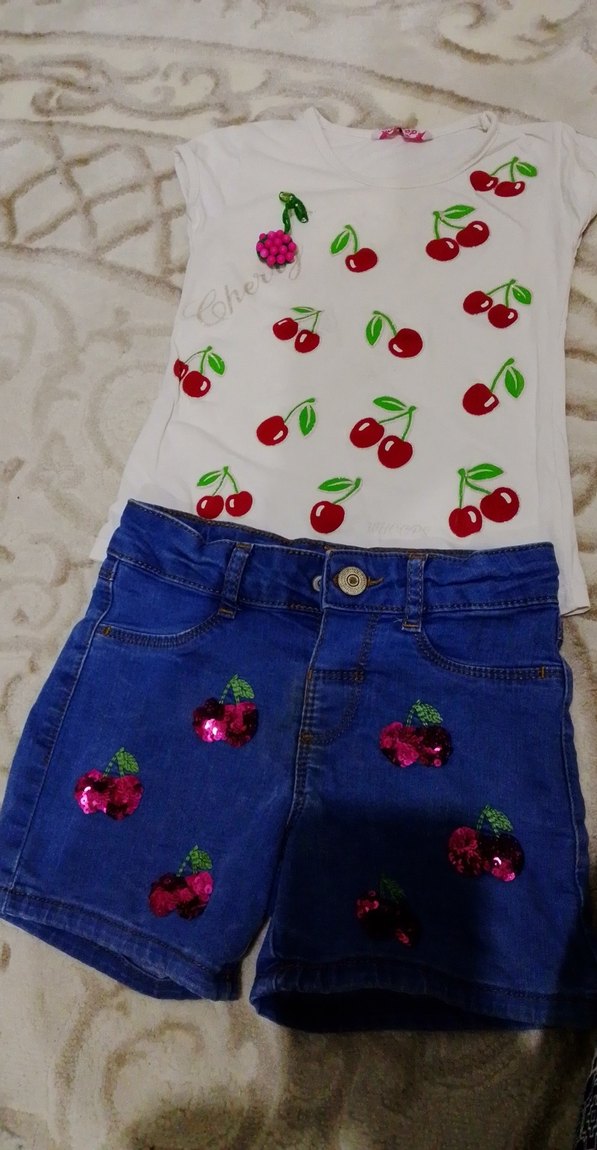 Nakışlı Kirazlı Mavi Kız Kot Şort takim - Görsel 2