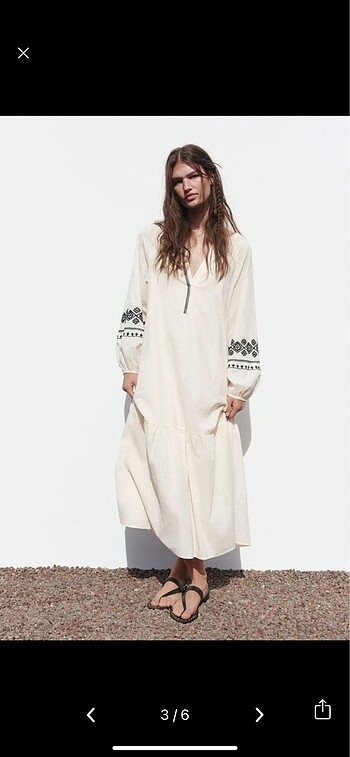 m Beden Zara İşlemeli Uzun Pamuklu Kaftan Elbise