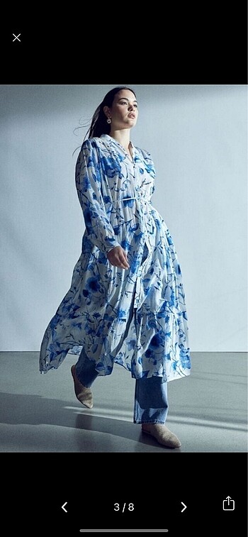 l Beden H&M Krep Mavi Çiçek Desenli Uzun Elbise