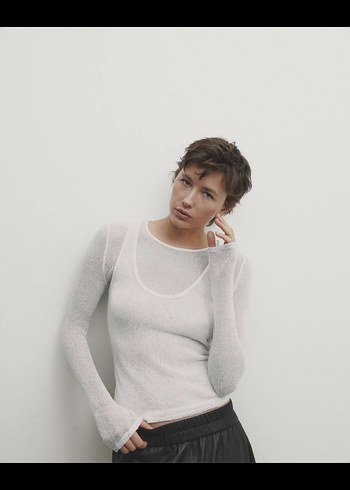 Kadın Beyaz Pamuklu Uzun Kollu Triko - Görsel 2