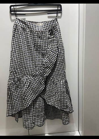 Mango Siyah Beyaz Ekoseli Fırfırlı Etek - Görsel 5