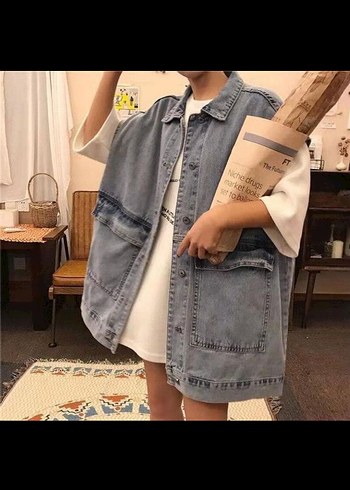 Düğmeli Oversize Kadın Kot Yelek