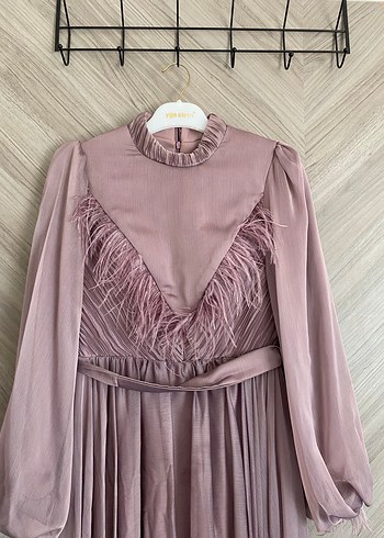 36 Beden Bej Uzun Kollu Pilili Vintage Kadın Abiye Elbise