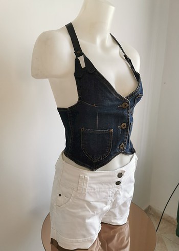 Zara Koyu Mavi Kot Mini Askılı Yelek