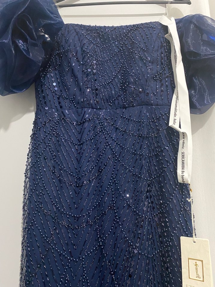 Kadın Lacivert İşlemeli Uzun Abiye Elbise - Görsel 2