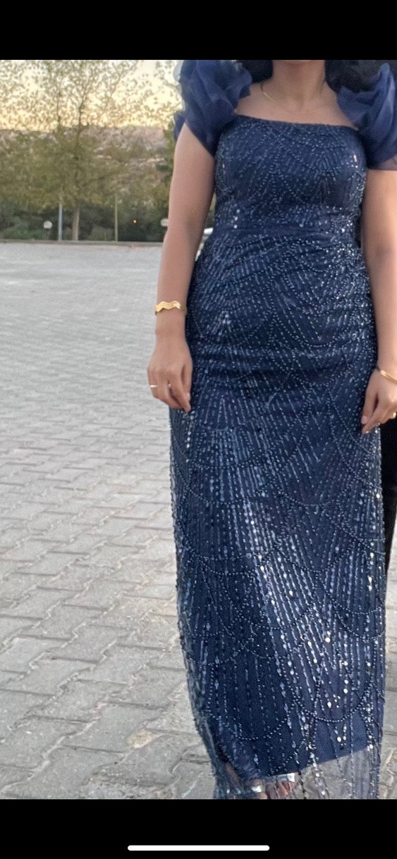 Kadın Lacivert İşlemeli Uzun Abiye Elbise - Görsel 3