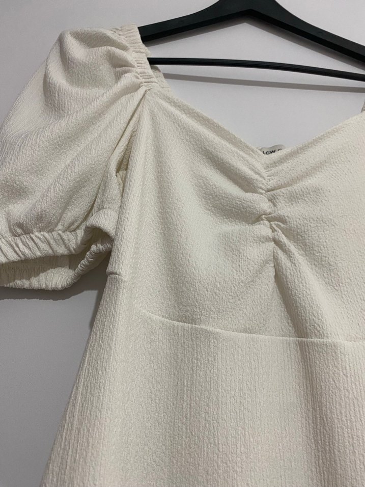 Drapeli Beyaz Keten Uzun Elbise - Görsel 2