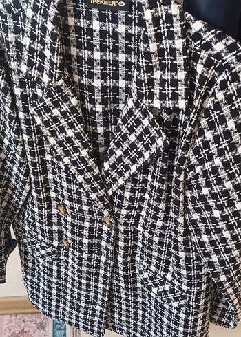 Düğmeli Gri Ekose Kadın Blazer Ceket