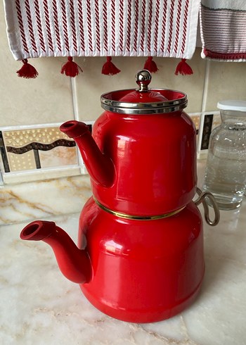 Emaye  Parlak Kırmızı Çift Katmanlı Çaydanlık - Görsel 4