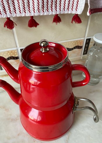 Emaye  Parlak Kırmızı Çift Katmanlı Çaydanlık - Görsel 2