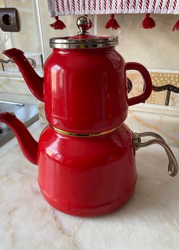 Emaye  Parlak Kırmızı Çift Katmanlı Çaydanlık - Görsel 5