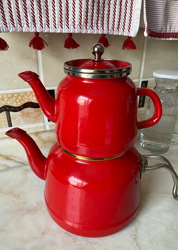 Emaye  Parlak Kırmızı Çift Katmanlı Çaydanlık - Görsel 3