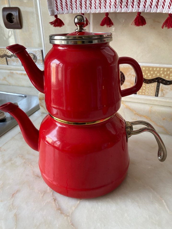 Emaye  Parlak Kırmızı Çift Katmanlı Çaydanlık - Görsel 5