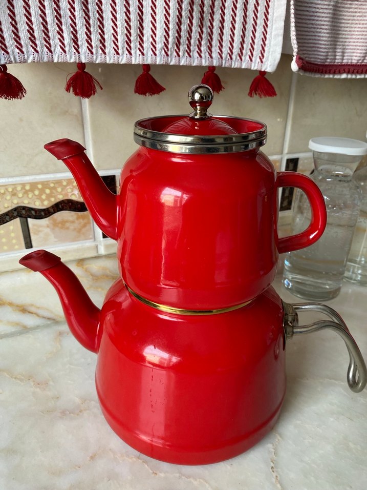 Emaye  Parlak Kırmızı Çift Katmanlı Çaydanlık - Görsel 3