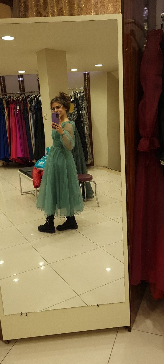 Şeffaf Kollu Mavi Uzun Abiye Elbise - Görsel 3