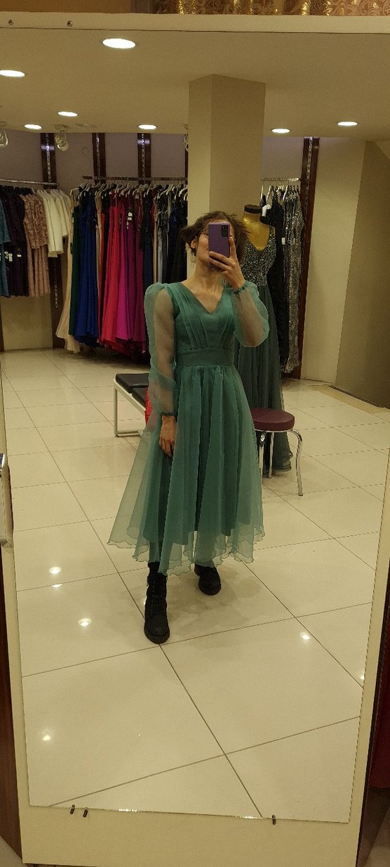 Şeffaf Kollu Mavi Uzun Abiye Elbise - Görsel 4