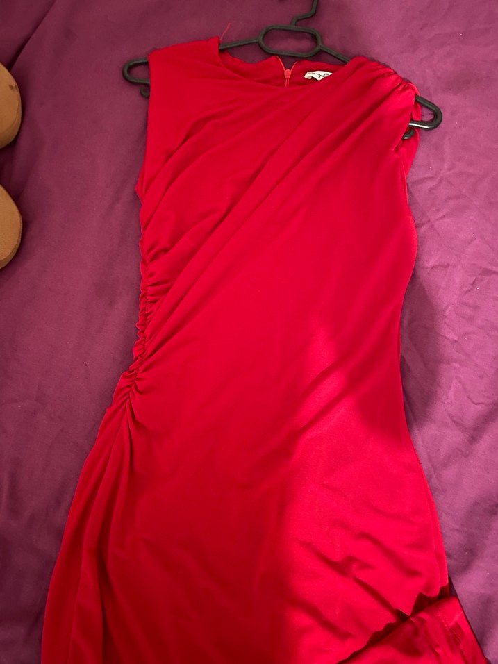 Kırmızı Drapeli Uzun Abiye Elbise - Görsel 2