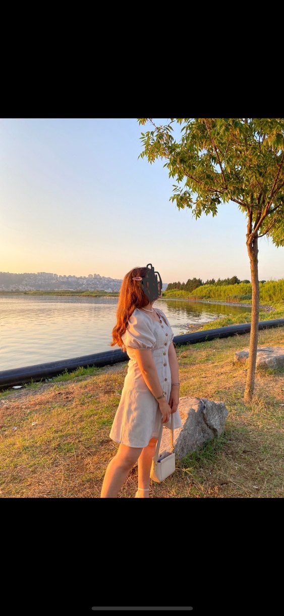 Bej Midi Keten Elbise - Görsel 2