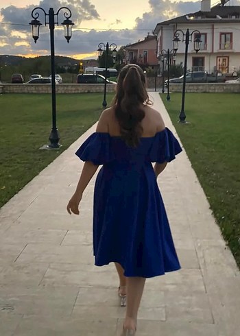 Trendyol & Milla Kadın Mavi Midi Straplez Mezuniyet Elbisesi