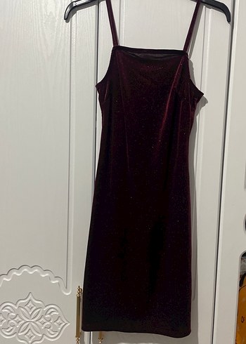 s Beden bordo Renk Bordo Askılı Mini Kadın Abiye Elbise