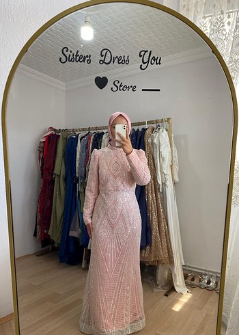Pembe Uzun Kollu Drapeli Uzun abiye