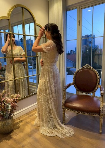 Bej İşlemeli Dantel Uzun Abiye Elbise - Görsel 2