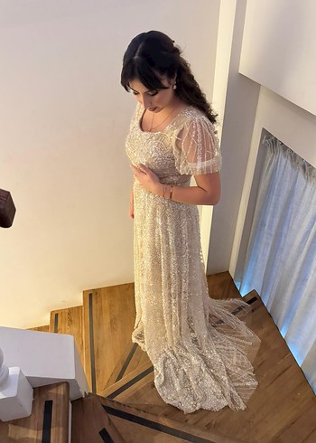 Bej İşlemeli Dantel Uzun Abiye Elbise - Görsel 4