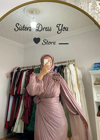 Bej Uzun Kollu Drapeli Kadın Abiye Elbise - Görsel 2