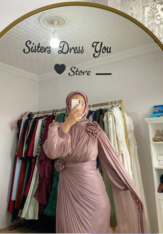 Bej Uzun Kollu Drapeli Kadın Abiye Elbise - Görsel 2