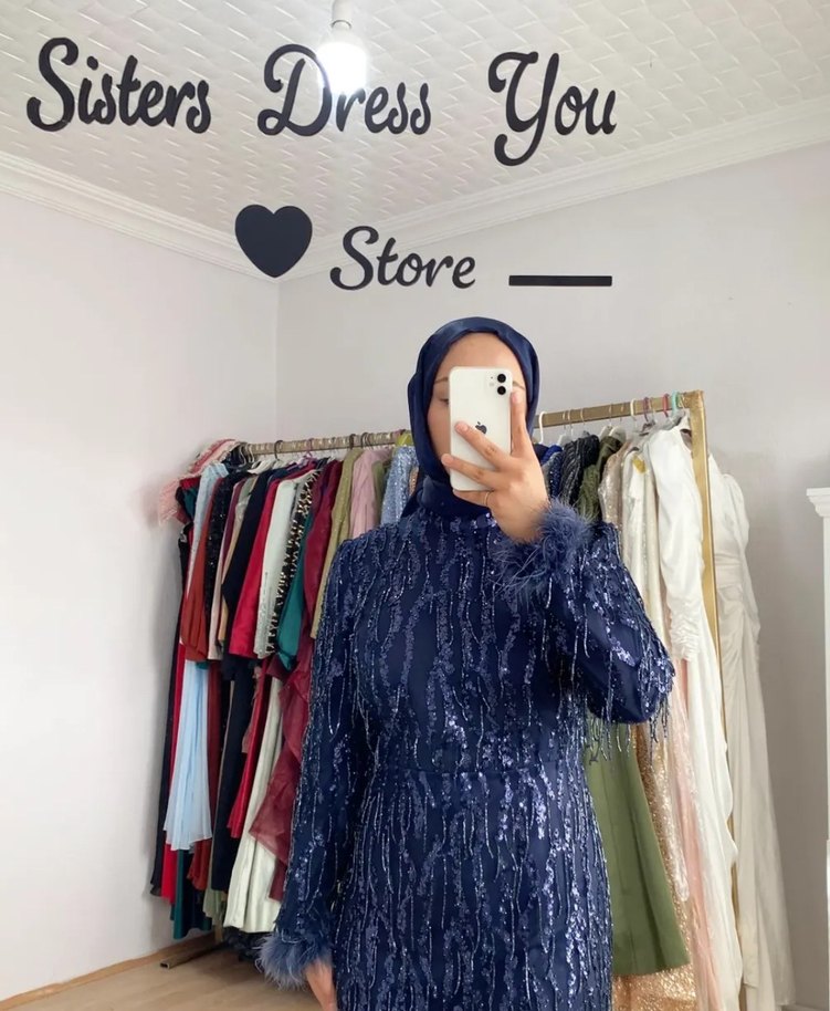 Lacivert Uzun Kollu Salaş Abiye Elbise Kiralık - Görsel 2