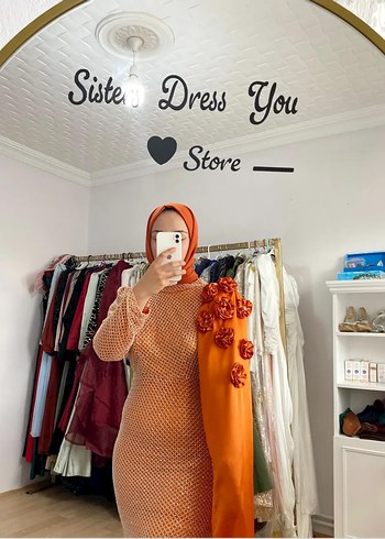 Turuncu Uzun Kollu Drapeli Abiye Elbise - Görsel 2